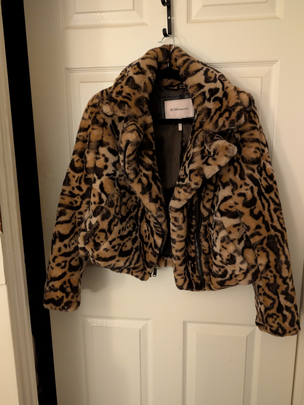BCBGeneration Women's Faux Fur Leopard Moto Jacket - Tan/Black